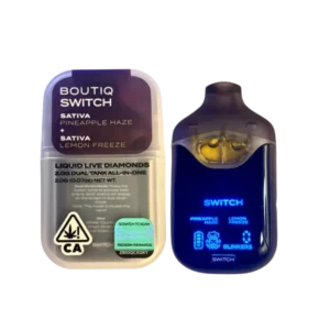 BOUTIQ SWITCH V4 “PINEAPPLE HAZE” X “LEMON FREEZE” Experience a refreshing and vibrant vaping sensation with the Boutiq Switch V4 Pineapple Haze x Lemon Freeze Liquid Live Diamonds Dual Tank All-in-One Disposable Pen! This invigorating vape combines the tropical, tangy sweetness of Pineapple Haze with the crisp, cooling zest of Lemon Freeze, creating a perfectly balanced and revitalizing flavor profile. Pineapple Haze (sativa) offers a juicy, tropical burst of pineapple with a hint of citrusy sweetness and a light, earthy undertone, bringing you a refreshing, energizing flavor with each puff. Paired with Lemon Freeze (sativa), known for its sharp, zesty lemon flavor complemented by a frosty, menthol-like coolness, this blend offers an uplifting, citrusy tang with a chill, invigorating finish. Together, these flavors create a refreshing, tangy fusion that’s both energizing and soothing. Designed for ultimate convenience and performance, this all-in-one disposable pen features Liquid Live Diamonds technology, ensuring every draw is potent, pure, and smooth. With its dual tank design, you get the best of both flavors in one sleek, portable pen, delivering a consistent and enjoyable vape experience on the go.